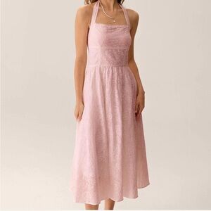 RIHOAS Pink embroidery halter midi dress